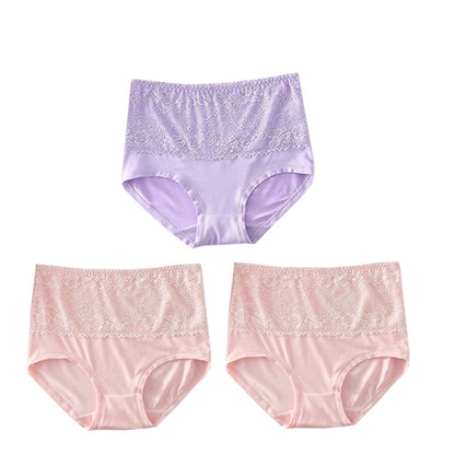 High Waist Womens Panties - 3pcs Lace Briefs Large Size Breathable Milk Silk Lingerie - ZOOMNSTORE