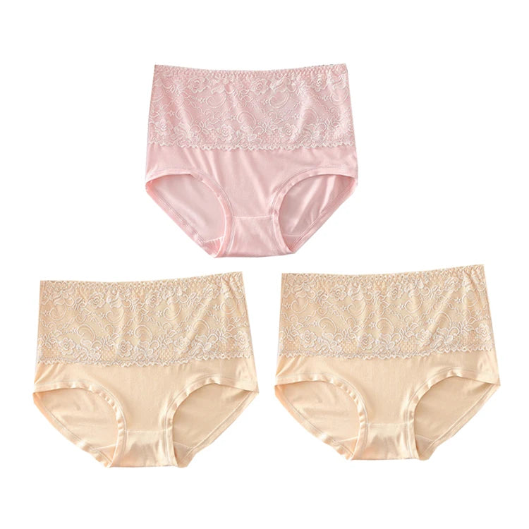 High Waist Womens Panties - 3pcs Lace Briefs Large Size Breathable Milk Silk Lingerie - ZOOMNSTORE