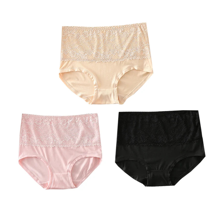 High Waist Womens Panties - 3pcs Lace Briefs Large Size Breathable Milk Silk Lingerie - ZOOMNSTORE