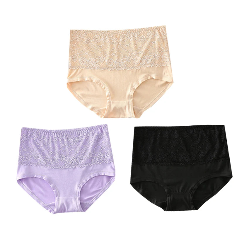High Waist Womens Panties - 3pcs Lace Briefs Large Size Breathable Milk Silk Lingerie - ZOOMNSTORE