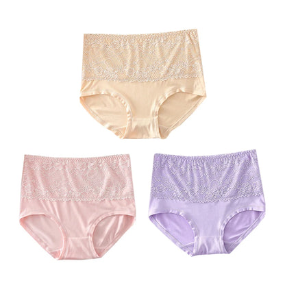 High Waist Womens Panties - 3pcs Lace Briefs Large Size Breathable Milk Silk Lingerie - ZOOMNSTORE
