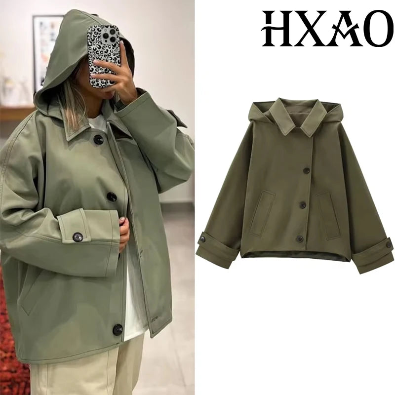 HXAO Green Warm Winter Hooded Jackets Women's 2024 Autumn Outdoor Oversized Bomber Jacket Coats Demi-Season Windbreak Outerwears - ZOOMNSTORE