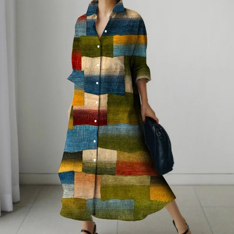Retro Long-Sleeved Dress - Womens Splicing Printed Fall  Winter Shirt Dress - ZOOMNSTORE