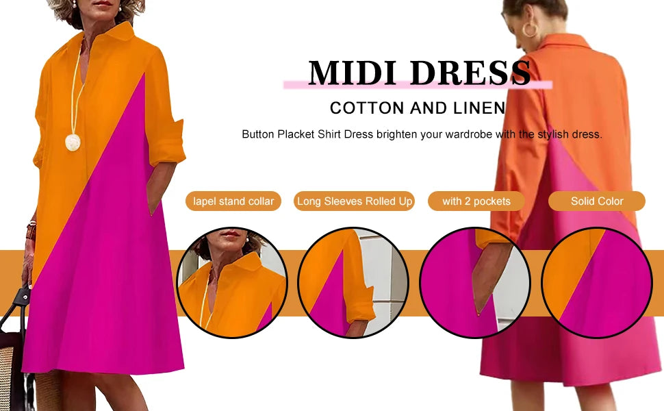 Retro Long-Sleeved Dress - Womens Splicing Printed Fall  Winter Shirt Dress - ZOOMNSTORE