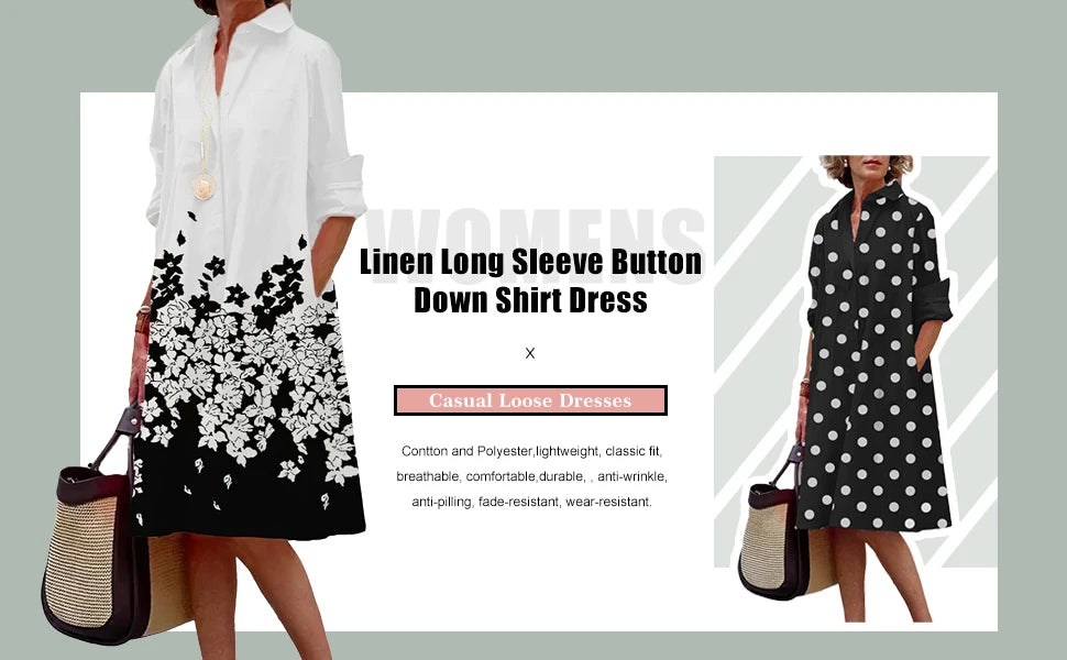 Retro Long-Sleeved Dress - Womens Splicing Printed Fall  Winter Shirt Dress - ZOOMNSTORE