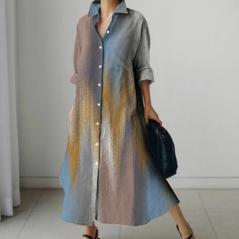 Retro Long-Sleeved Dress - Womens Splicing Printed Fall  Winter Shirt Dress - ZOOMNSTORE