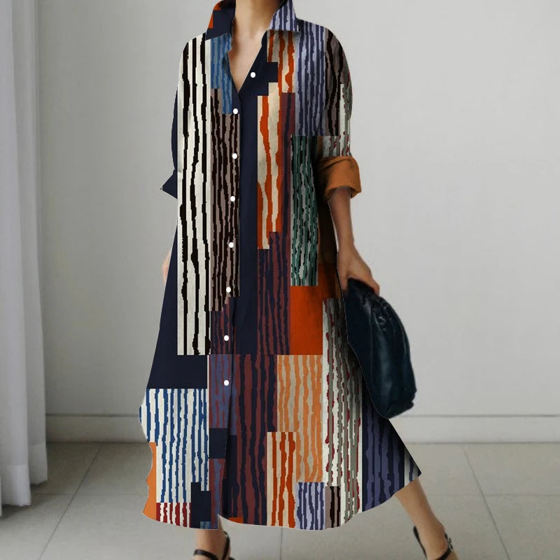 Retro Long-Sleeved Dress - Womens Splicing Printed Fall  Winter Shirt Dress - ZOOMNSTORE