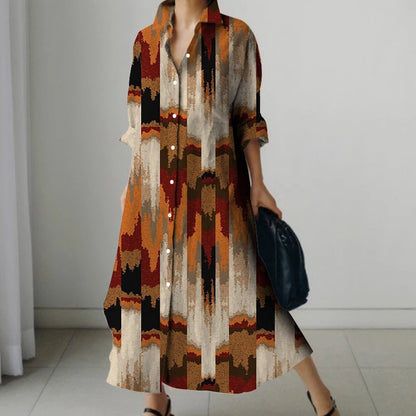 Retro Long-Sleeved Dress - Womens Splicing Printed Fall  Winter Shirt Dress - ZOOMNSTORE