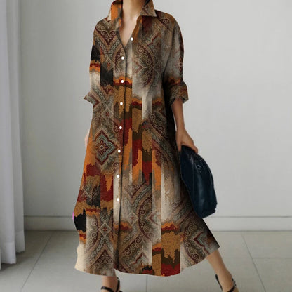 Retro Long-Sleeved Dress - Womens Splicing Printed Fall  Winter Shirt Dress - ZOOMNSTORE