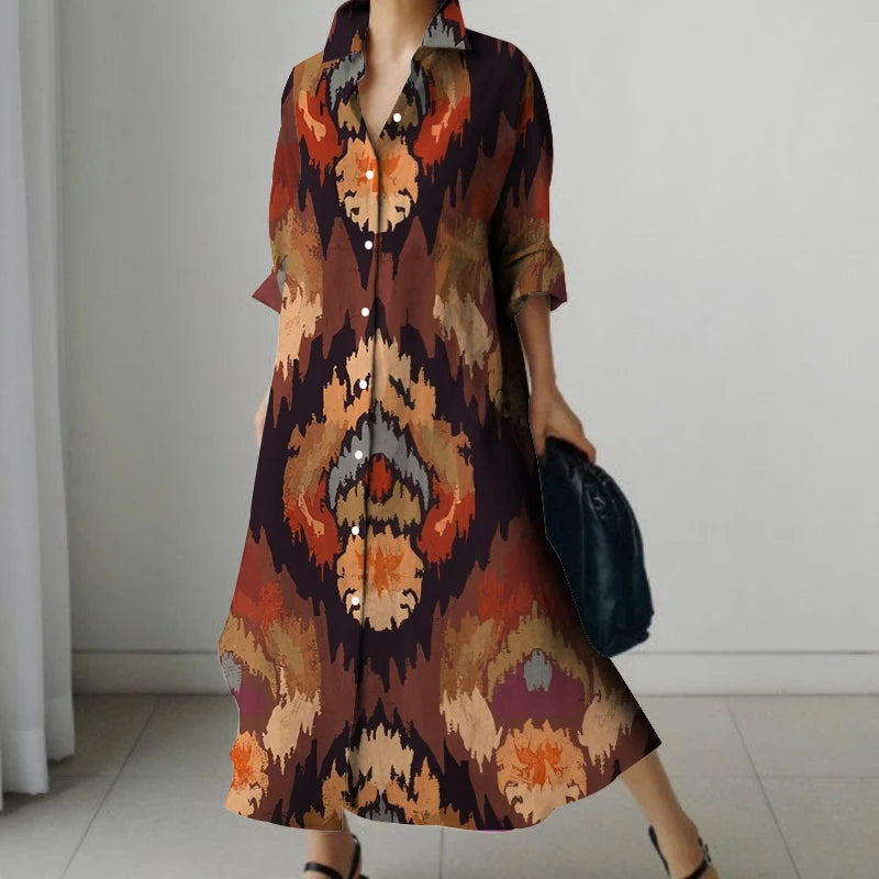 Retro Long-Sleeved Dress - Womens Splicing Printed Fall  Winter Shirt Dress - ZOOMNSTORE