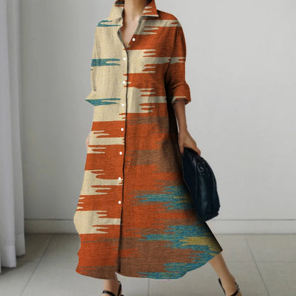 Retro Long-Sleeved Dress - Womens Splicing Printed Fall  Winter Shirt Dress - ZOOMNSTORE