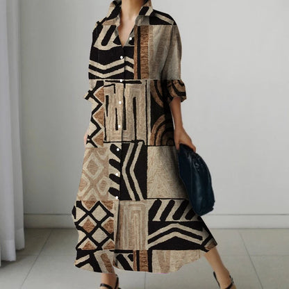 Retro Long-Sleeved Dress - Womens Splicing Printed Fall  Winter Shirt Dress - ZOOMNSTORE