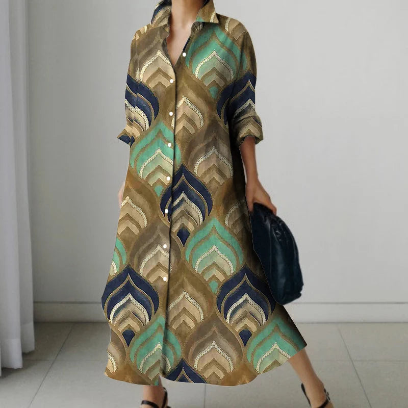 Retro Long-Sleeved Dress - Womens Splicing Printed Fall  Winter Shirt Dress - ZOOMNSTORE