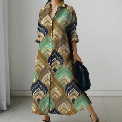 Retro Long-Sleeved Dress - Womens Splicing Printed Fall  Winter Shirt Dress - ZOOMNSTORE