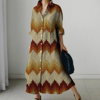 Retro Long-Sleeved Dress - Womens Splicing Printed Fall  Winter Shirt Dress - ZOOMNSTORE