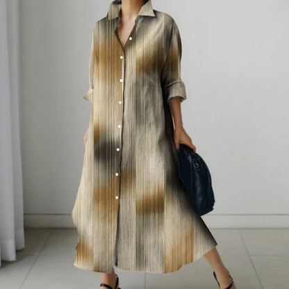 Retro Long-Sleeved Dress - Womens Splicing Printed Fall  Winter Shirt Dress - ZOOMNSTORE