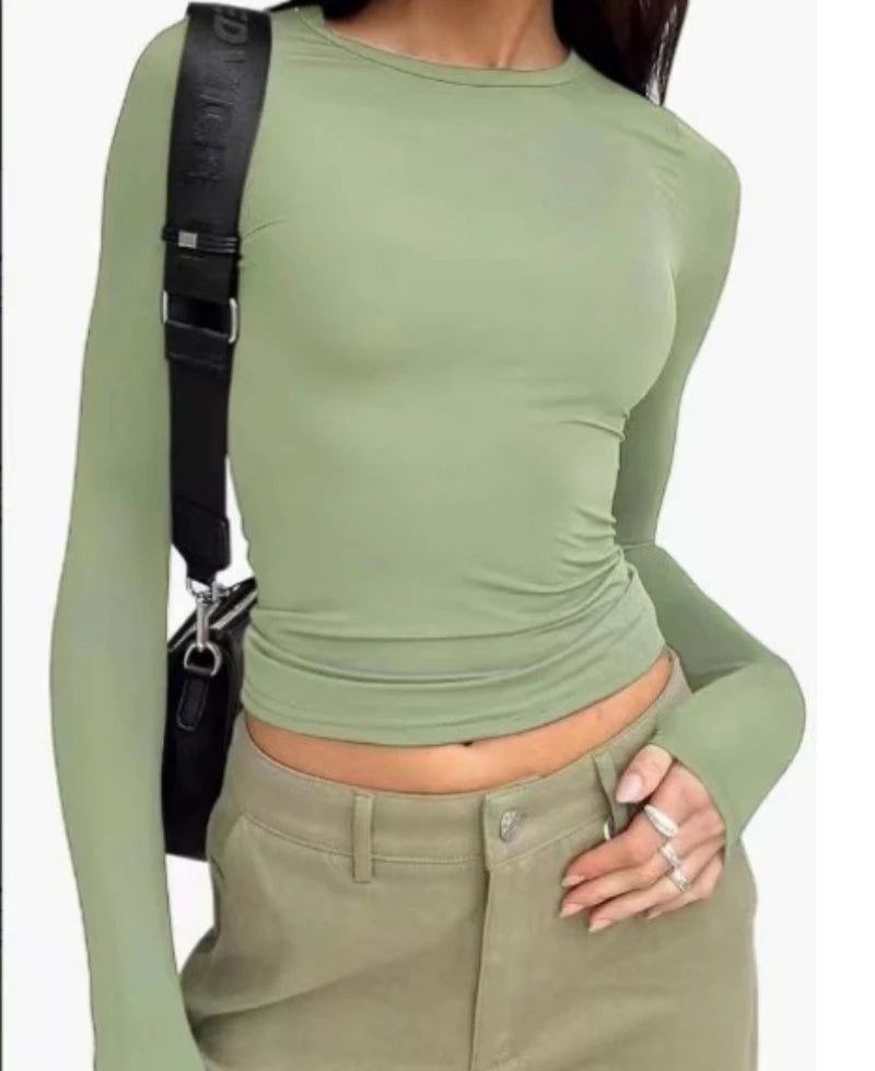 Womens Long Sleeve Slim Fit T-Shirt - Basic Solid Color Pullover for Spring  Autumn - ZOOMNSTORE