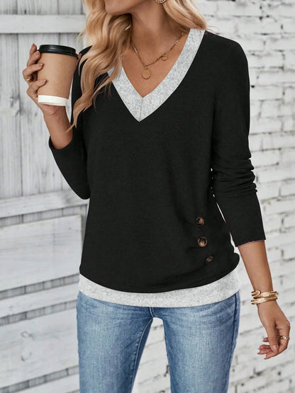 Women's Long Sleeve Top - Elegant V-Neck Pleated Button Solid Color Tee - ZOOMNSTORE
