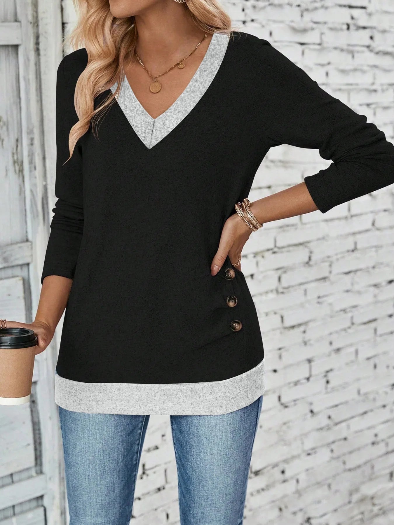 Women's Long Sleeve Top - Elegant V-Neck Pleated Button Solid Color Tee - ZOOMNSTORE