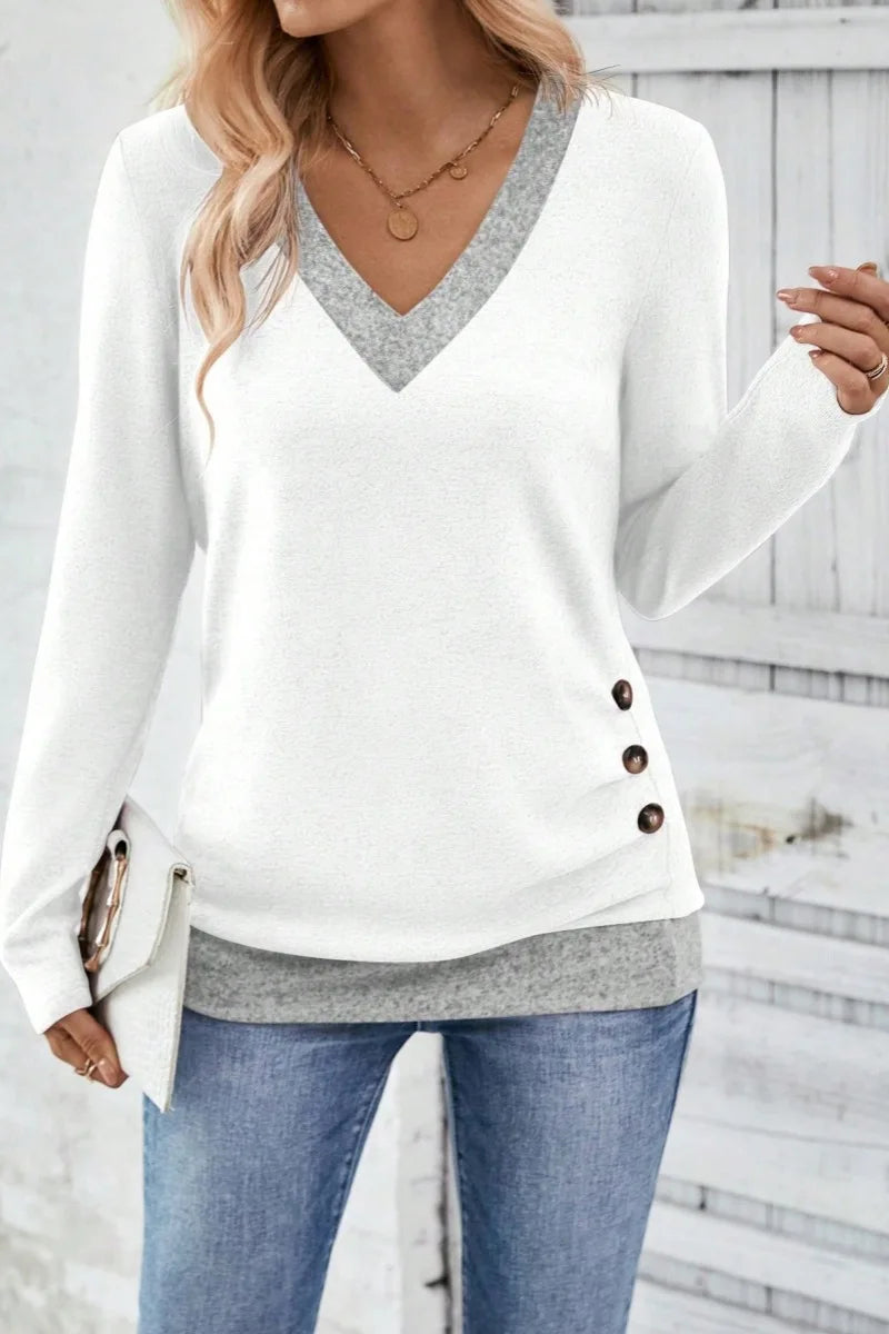 Women's Long Sleeve Top - Elegant V-Neck Pleated Button Solid Color Tee - ZOOMNSTORE