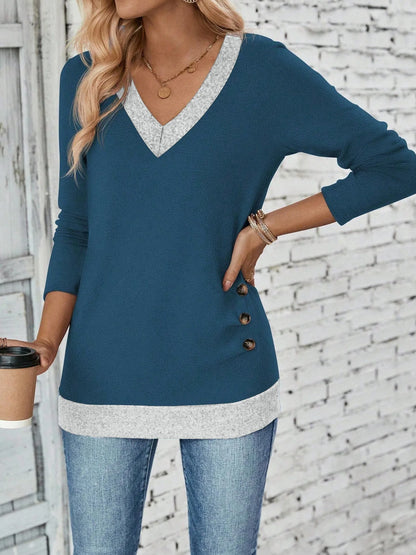 Women's Long Sleeve Top - Elegant V-Neck Pleated Button Solid Color Tee - ZOOMNSTORE