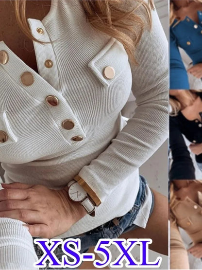 Women's Long Sleeve Top - Knitted Semi O Neck Buttoned Tee | Casual Autumn Fashion - ZOOMNSTORE