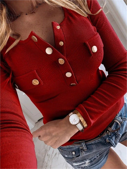 Women's Long Sleeve Top - Knitted Semi O Neck Buttoned Tee | Casual Autumn Fashion - ZOOMNSTORE
