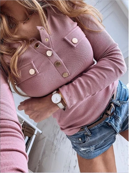 Women's Long Sleeve Top - Knitted Semi O Neck Buttoned Tee | Casual Autumn Fashion - ZOOMNSTORE
