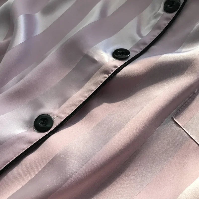 1 Set Women's Elegant Lounge Set, Plus Size Satin Striped Button Up Long Sleeve Shirt & Pants Pajamas - ZOOMNSTORE