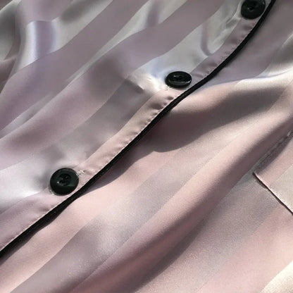 1 Set Women's Elegant Lounge Set, Plus Size Satin Striped Button Up Long Sleeve Shirt & Pants Pajamas - ZOOMNSTORE