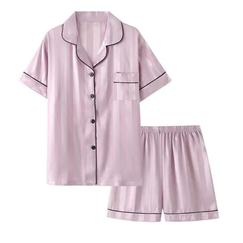 1 Set Women's Elegant Lounge Set, Plus Size Satin Striped Button Up Long Sleeve Shirt & Pants Pajamas - ZOOMNSTORE