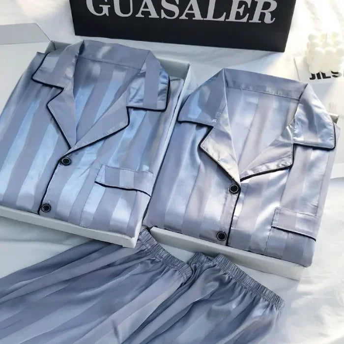 1 Set Women's Elegant Lounge Set, Plus Size Satin Striped Button Up Long Sleeve Shirt & Pants Pajamas - ZOOMNSTORE