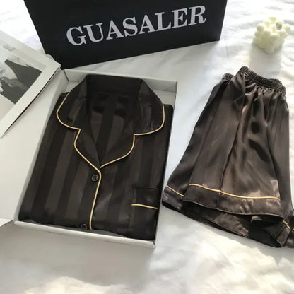 1 Set Women's Elegant Lounge Set, Plus Size Satin Striped Button Up Long Sleeve Shirt & Pants Pajamas - ZOOMNSTORE