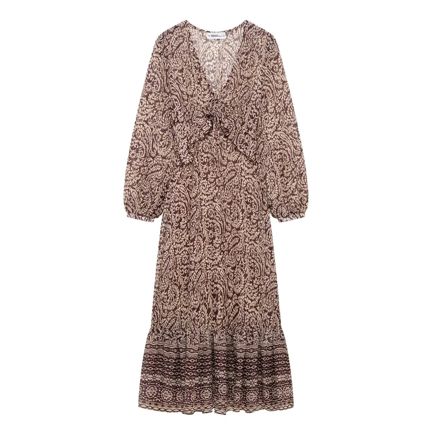 Women's Midi Dress - Printed V-Neck Knee-Length Casual Dress With Retro Pattern Skirt - ZOOMNSTORE
