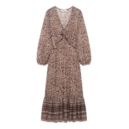 Women's Midi Dress - Printed V-Neck Knee-Length Casual Dress With Retro Pattern Skirt - ZOOMNSTORE