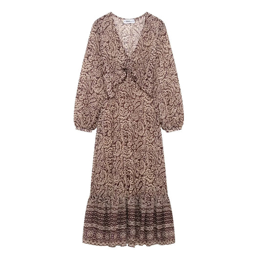 Women's Midi Dress - Printed V-Neck Knee-Length Casual Dress With Retro Pattern Skirt - ZOOMNSTORE