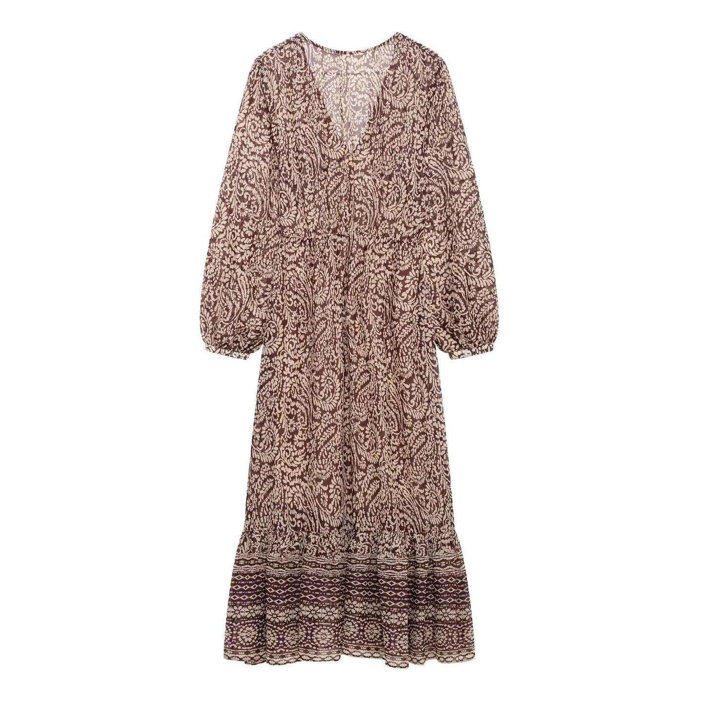 Women's Midi Dress - Printed V-Neck Knee-Length Casual Dress With Retro Pattern Skirt - ZOOMNSTORE