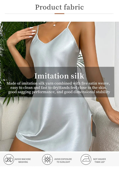 Imitation Silk Womens Casual Short Nightdress - Breathable Home Pajamas - ZOOMNSTORE