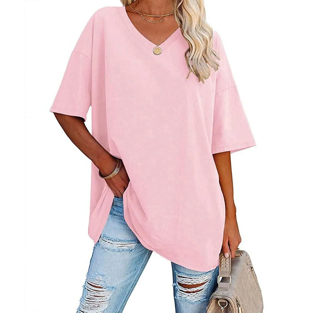 Women's Short Sleeve T Shirt - Cotton Broadcloth Polyester Fabric Top, Loose Fit Tee - ZOOMNSTORE