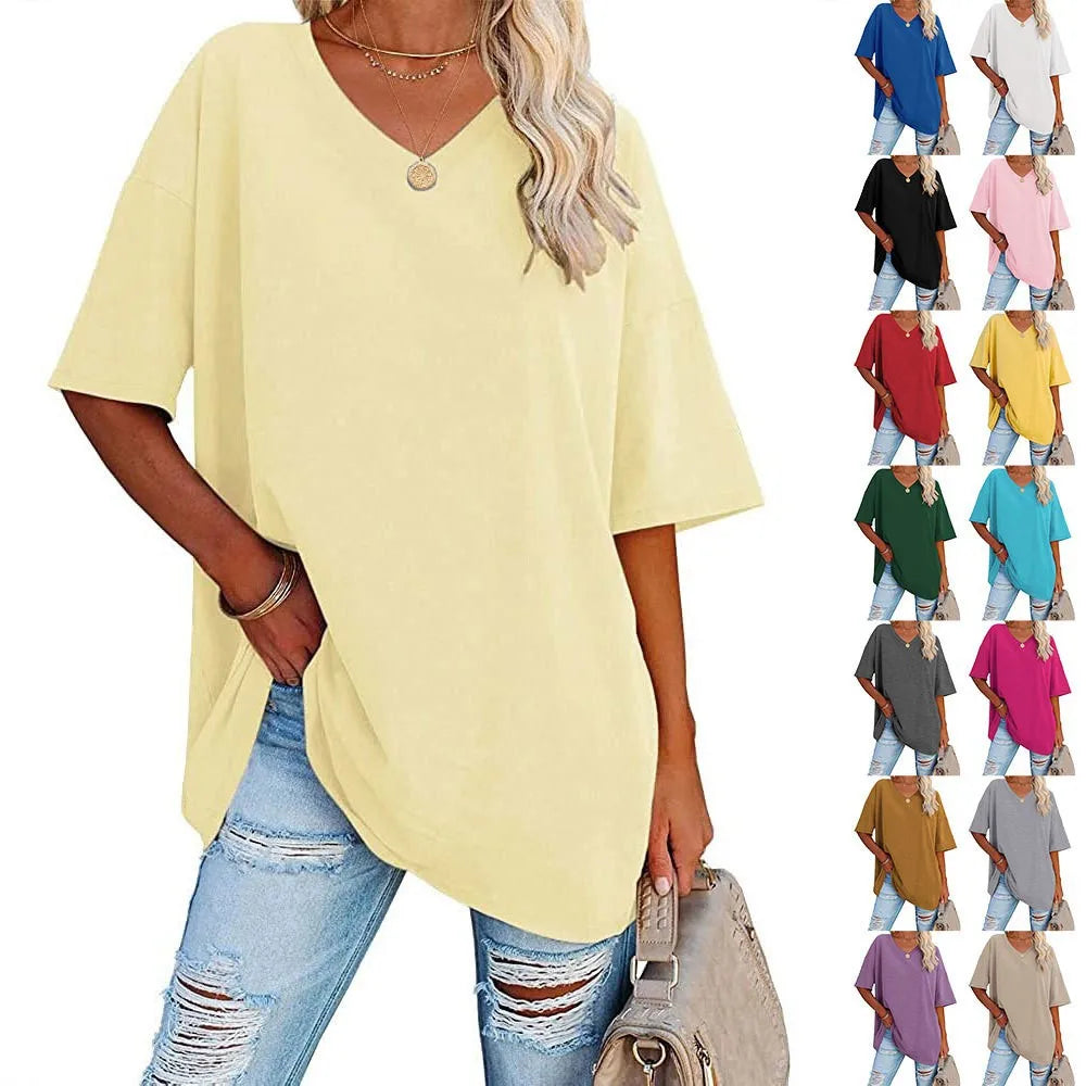 Women's Short Sleeve T Shirt - Cotton Broadcloth Polyester Fabric Top, Loose Fit Tee - ZOOMNSTORE