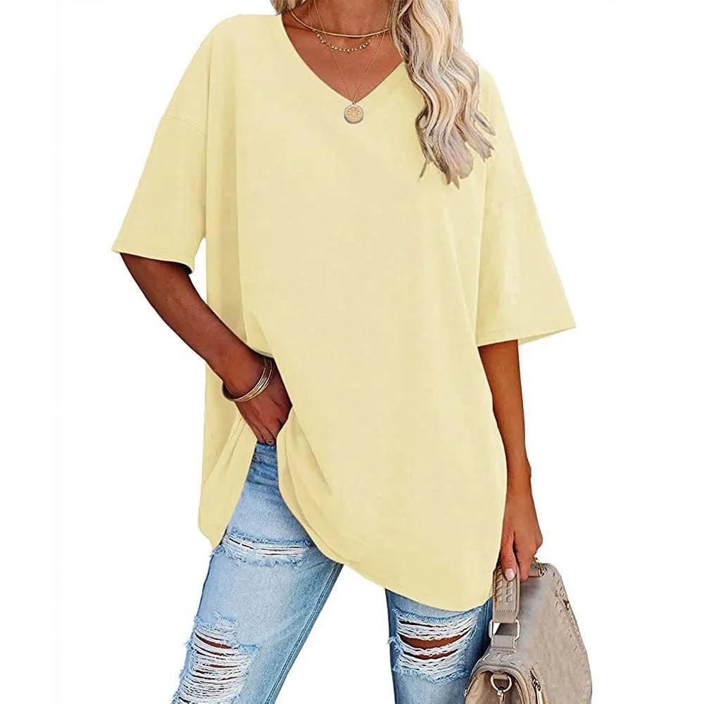 Women's Short Sleeve T Shirt - Cotton Broadcloth Polyester Fabric Top, Loose Fit Tee - ZOOMNSTORE