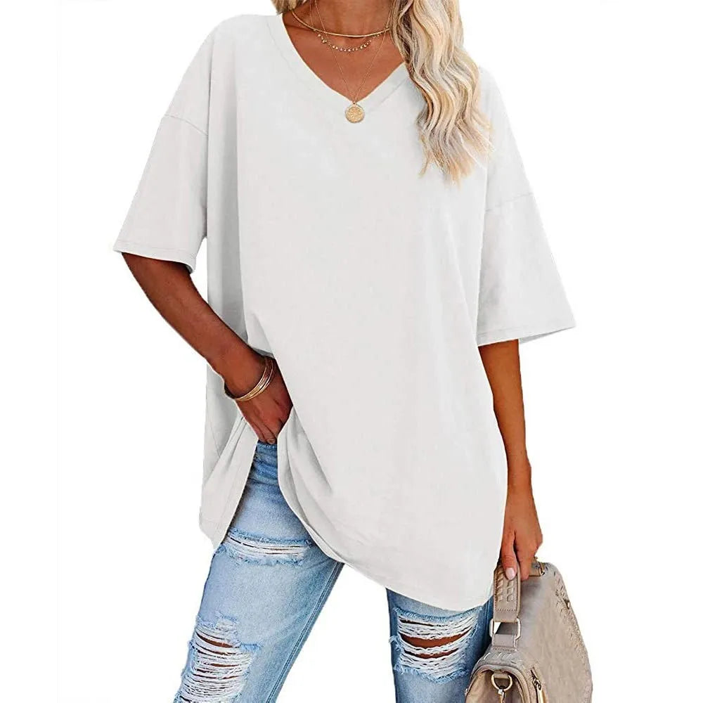 Women's Short Sleeve T Shirt - Cotton Broadcloth Polyester Fabric Top, Loose Fit Tee - ZOOMNSTORE