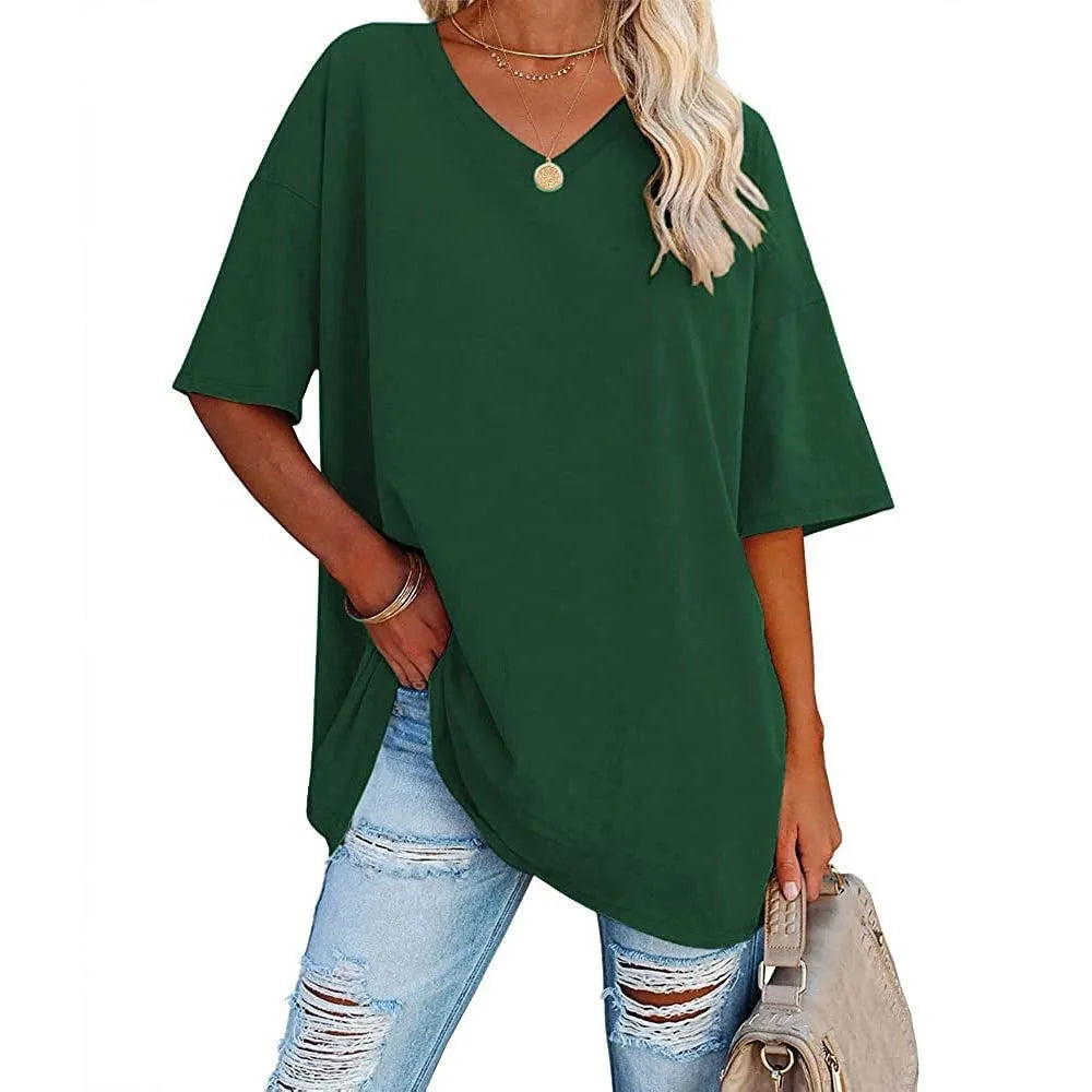 Women's Short Sleeve T Shirt - Cotton Broadcloth Polyester Fabric Top, Loose Fit Tee - ZOOMNSTORE