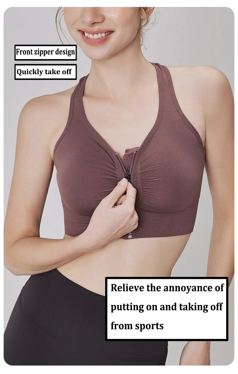 Women's Sports Bra - Plus Size Zipper Shock Resistant Bra with Gathered Brassiere Support - ZOOMNSTORE