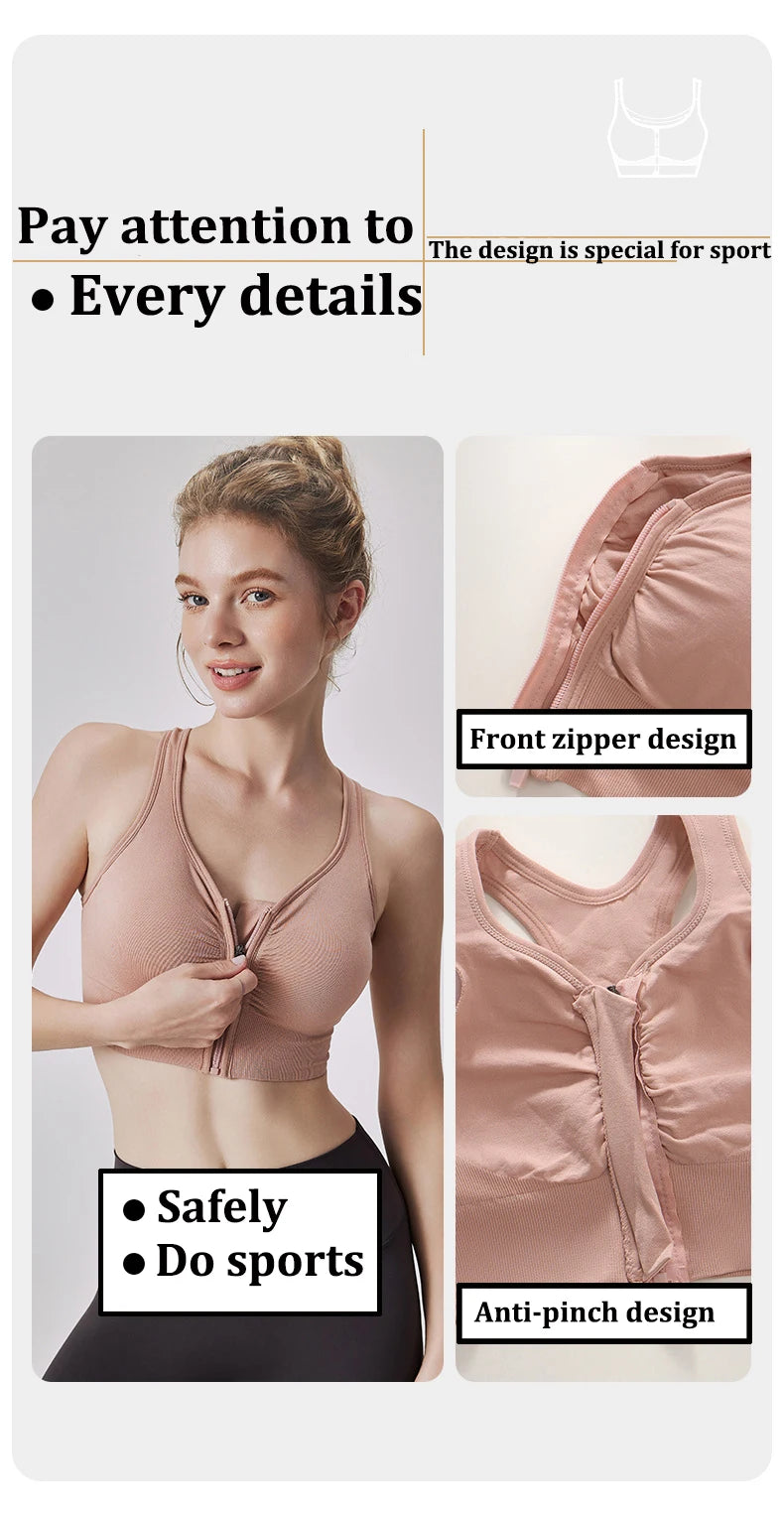 Women's Sports Bra - Plus Size Zipper Shock Resistant Bra with Gathered Brassiere Support - ZOOMNSTORE