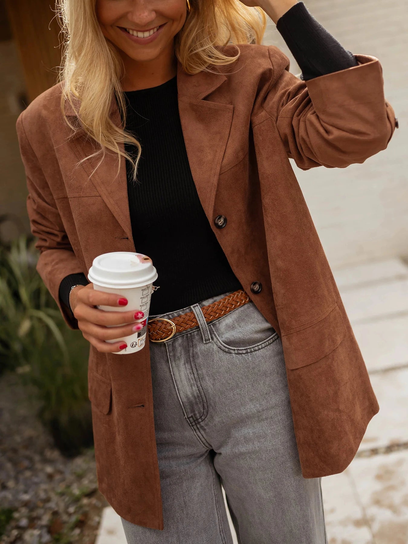 Women's Suede Coat - Loose Fit Outerwear | Fall Blazer Jacket With Buttons - ZOOMNSTORE