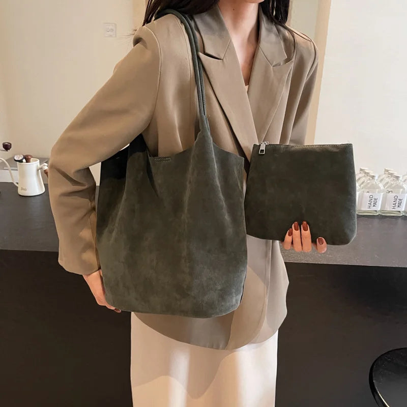 Women's Suede Shoulder Bag - High Capacity Casual Tote With Zippered Purse & Cell Phone Pocket - ZOOMNSTORE
