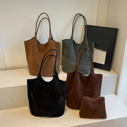 Women's Suede Shoulder Bag - High Capacity Casual Tote With Zippered Purse & Cell Phone Pocket - ZOOMNSTORE