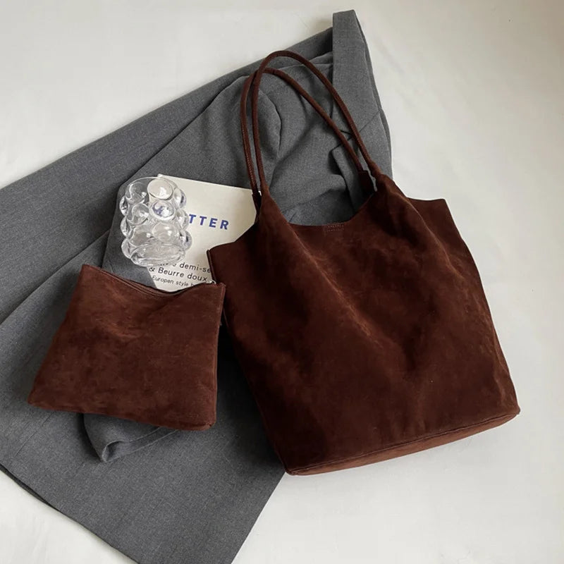 Women's Suede Shoulder Bag - High Capacity Casual Tote With Zippered Purse & Cell Phone Pocket - ZOOMNSTORE