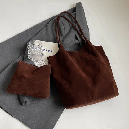Women's Suede Shoulder Bag - High Capacity Casual Tote With Zippered Purse & Cell Phone Pocket - ZOOMNSTORE